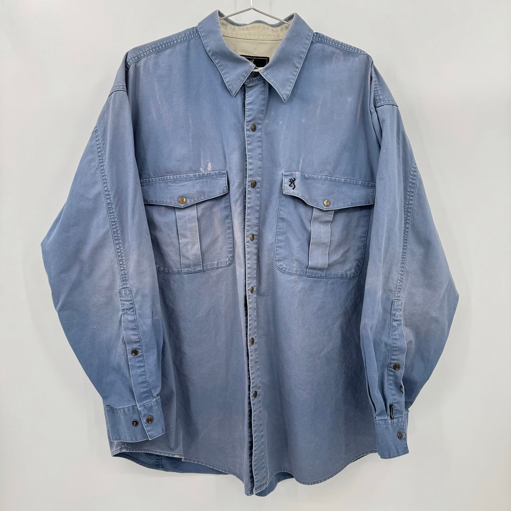 Browning Blue Snap Front Shirt Thrashed Distressed Faded Bleached Oversized 2XL